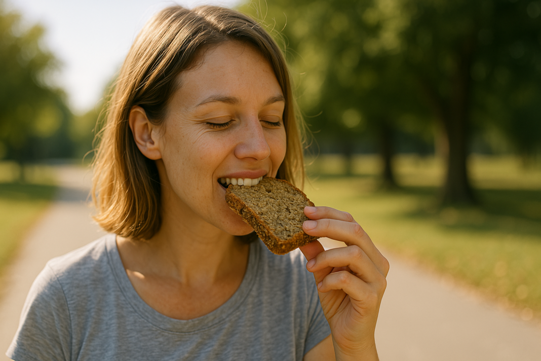 A woman in her late twenties stands outdoors on a sunlit morning, holding a slice of whole grain bread and smiling warmly. The scene features soft natural lighting, a blurred tree-lined path in the background, and a peaceful mood that emphasizes the benefits of healthy carbs for energy and well-being.