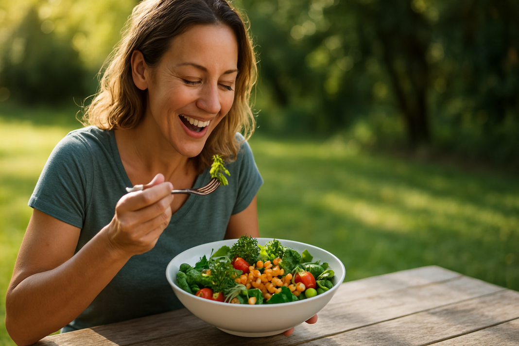 A fit adult woman with shoulder-length light brown hair smiles while enjoying a fresh salad outdoors in a garden. Soft natural morning light enhances the vibrant greens, creating a serene, health-focused scene ideal for illustrating high-fiber, low-calorie foods that support weight loss and longevity.