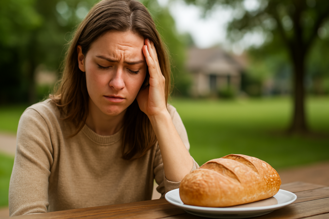 A photograph captures a young Caucasian woman in her late twenties seated at a wooden outdoor table with a loaf of bread on a white plate. Her eyes are closed in discomfort, and she holds her temple in her hand, portraying emotional fatigue under soft natural morning light in a quiet suburban garden. The image highlights the emotional effects of carbohydrates on mental health, including links to anxiety and depression.