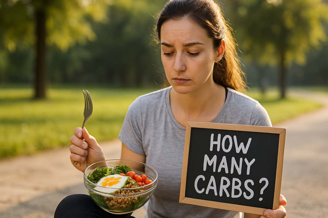 A young Caucasian woman sits in a sunlit park holding a small chalkboard that reads “HOW MANY CARBS?” and a bowl of food with eggs and vegetables. The soft morning light and natural outdoor setting evoke a calm, reflective mood around carb intake and weight loss choices.