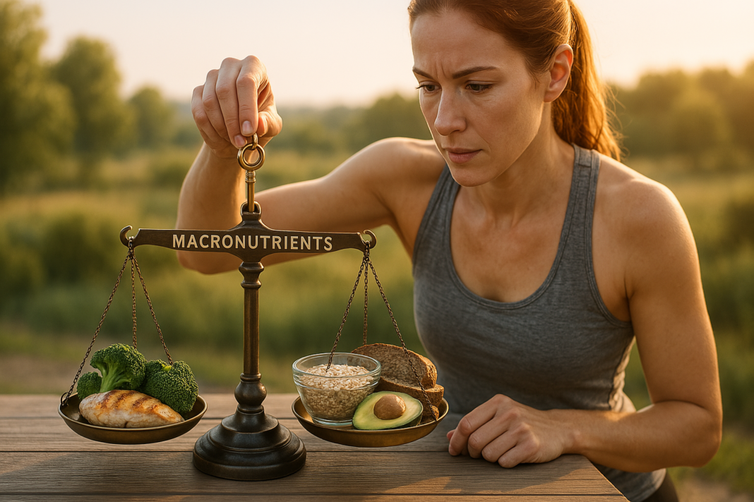 A focused woman with light skin and auburn hair tied in a ponytail stands outdoors at sunrise, measuring her macronutrients on a wooden table. A brass balance scale is placed in front of her as she analyzes a meal consisting of grilled chicken, broccoli, oatmeal, whole-grain bread, and avocado. The soft morning light highlights her dedication and the natural surroundings, capturing a balanced, calm moment.