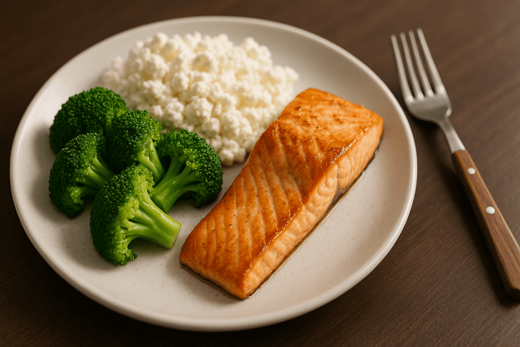 A balanced high-protein, low-calorie meal featuring grilled salmon, steamed broccoli, and cottage cheese sits on a white ceramic plate under warm indoor lighting. The clean, rustic background enhances the inviting, nutritious feel, ideal for those focused on weight loss, muscle support, and metabolic health.