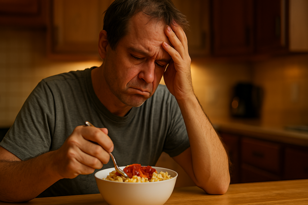 A photograph captures a middle-aged Caucasian man sitting alone at a kitchen table under warm ambient lighting. His brow is furrowed in tension as he grips a fork over a bowl of pasta, conveying an introspective moment that visually explores the emotional impact of carbohydrate-rich meals on mental health, particularly in relation to stress and depression.