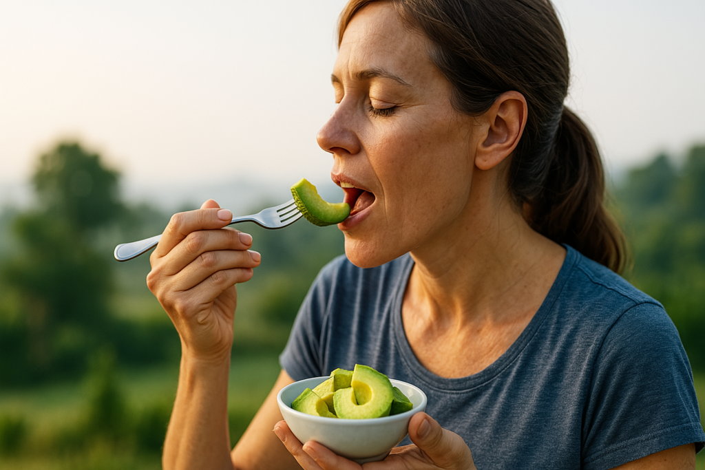 A woman in her late 30s enjoys a fresh slice of avocado outdoors in soft natural morning light, symbolizing healthy fat intake for brain health. The serene background of greenery and sky enhances the calm, wellness-focused mood of the scene.
