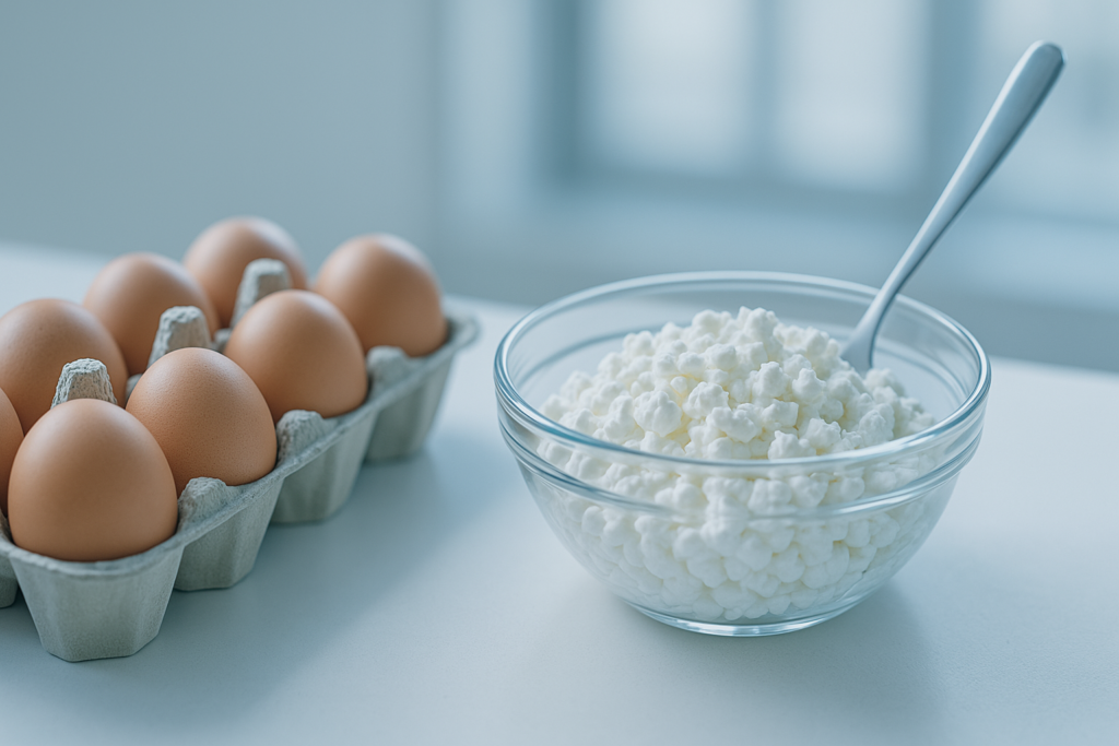 A carton of brown eggs and a small glass bowl of cottage cheese sit neatly on a white surface, illuminated by cool clinical lighting. The minimalistic setting and fresh ingredients visually reinforce high-protein, low-calorie food choices that support metabolic health and weight management.