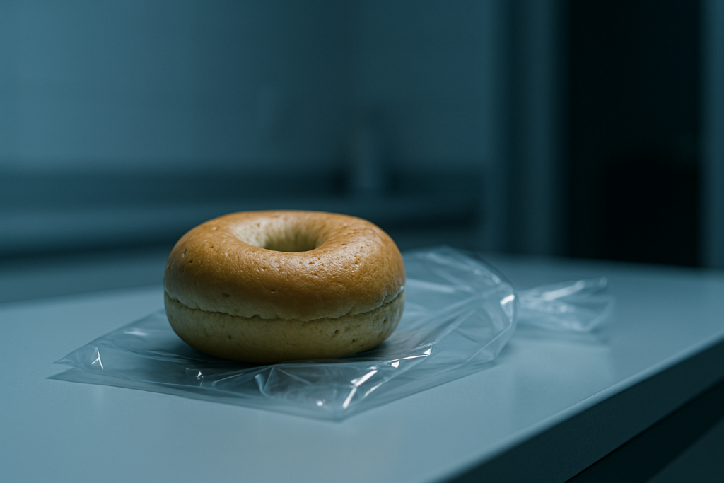 A digital photograph depicts a single bagel placed on a crinkled plastic wrapper over a white surface, bathed in cool, clinical lighting. The minimal composition and sharp focus emphasize the symbolic relationship between processed carbohydrates and mental health concerns like anxiety and depression.