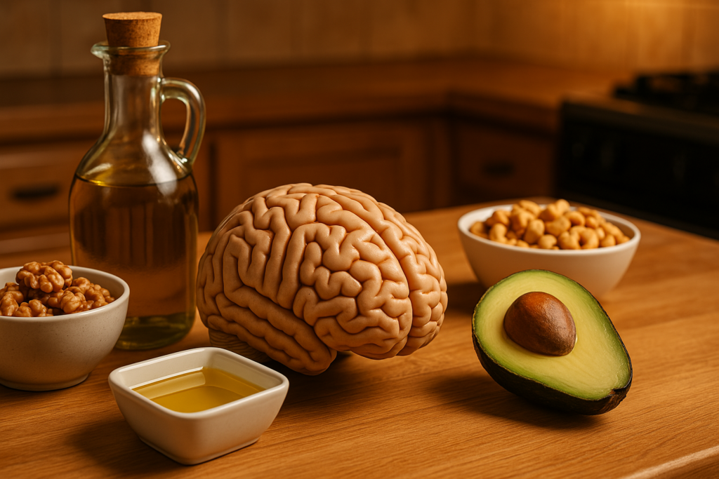 A ceramic brain model sits on a warmly lit kitchen counter surrounded by healthy fats like olive oil, avocado, walnuts, and cashews, highlighting their role in supporting cognitive function and memory. The soft ambient lighting and natural textures create a calm, nurturing environment.