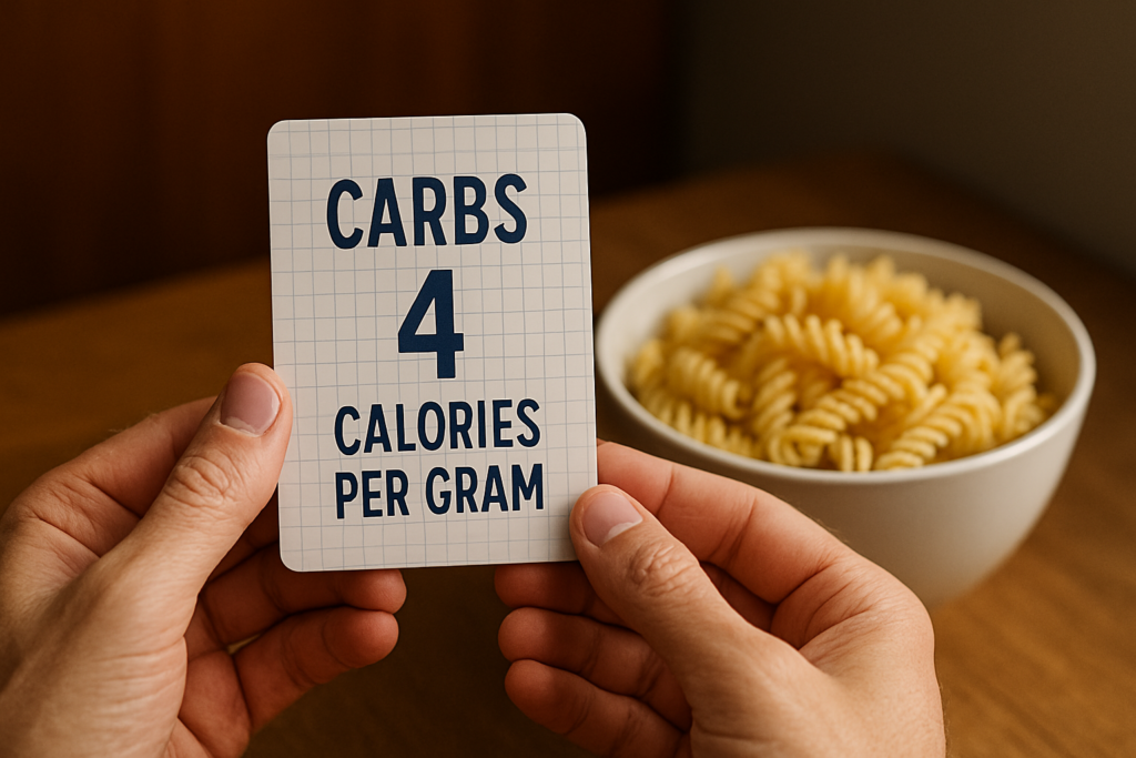 Close-up of an adult man's hands holding a "CARBS" nutrition card, with a bowl of fusilli pasta in the soft, warm light. The subtle focus on the pasta and nutritional details highlights the theme of understanding calories in carbs for better nutrition.