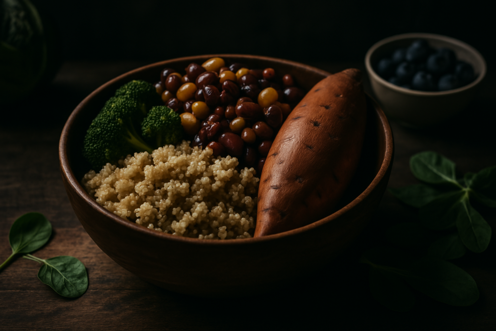 A moody image displays a rustic wooden bowl filled with roasted sweet potato, quinoa, beans, broccoli, and blueberries, under dramatic side lighting. The dark shadows and rich textures create a powerful visual emphasizing high-fiber, nutrient-dense foods ideal for weight loss and longevity.