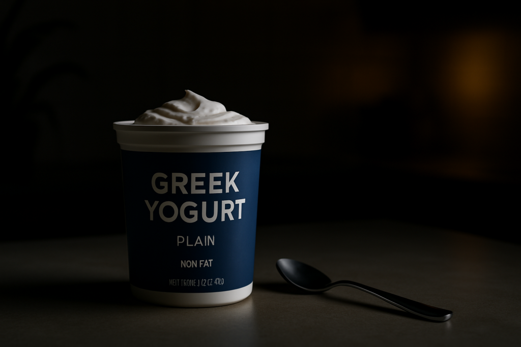 A container of nonfat plain Greek yogurt sits on a dark countertop, softly illuminated by moody lighting with dramatic shadows. The minimalist composition and high-protein focus highlight the yogurt’s role in a low-calorie diet for weight loss, muscle recovery, and metabolic balance.