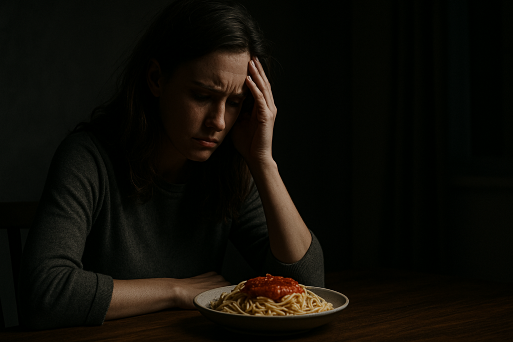 A photograph captures a young Caucasian woman with long brown hair sitting at a dark wooden table under moody lighting, her eyes closed and hand to her forehead in a pained expression. The nearby plate of spaghetti and deep shadows evoke the emotional weight of how carbohydrate-heavy meals can influence mood, anxiety, and mental clarity.