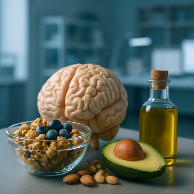 A dramatic, moody scene displays a brain model surrounded by salmon, avocado, walnuts, and pumpkin seeds under deep shadows and directional lighting, visually emphasizing the best fats for brain health, memory, and mental clarity. The contrast-rich composition evokes depth and focus.