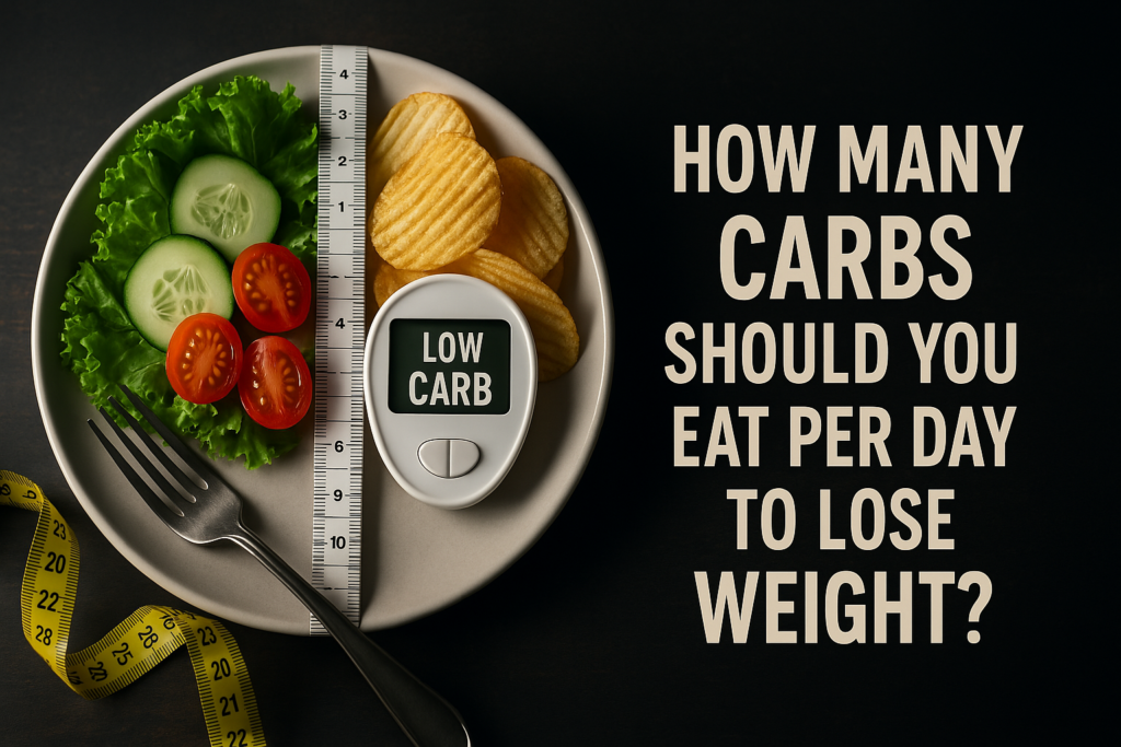 A halved plate of mixed salad and potato chips sits on a rustic wood table beside a rolled measuring tape under moody, directional lighting. The dramatic contrast and portion-focused setup visually explore daily carbohydrate decisions and their role in weight loss nutrition strategies.