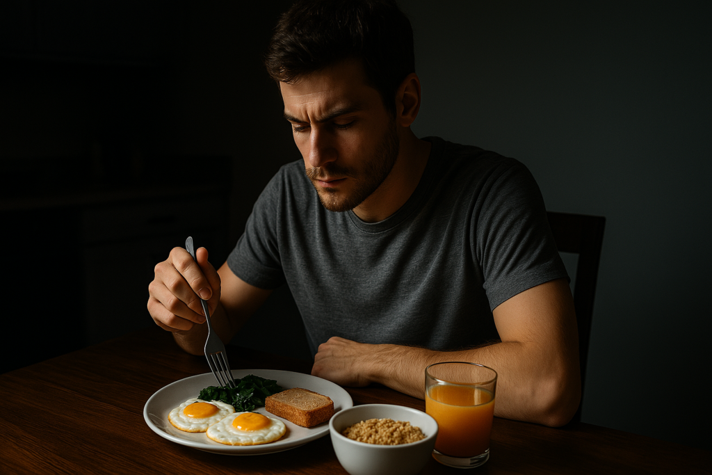 A photograph of a young man eating a high-protein, moderate-carb breakfast alone at a wooden table in a dark, moody kitchen with dramatic lighting. The image emphasizes mindful morning nutrition choices for energy, metabolism, and blood sugar stability.