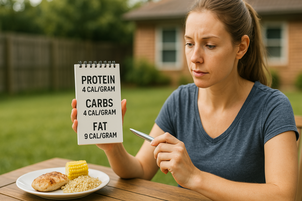A young woman with light brown hair tied in a ponytail sits outdoors at a wooden table in soft morning light, reviewing a notepad with nutritional details about protein, carbs, and fat. A balanced plate of grilled chicken, brown rice, and corn is in front of her, emphasizing the connection between whole foods and macronutrient awareness.