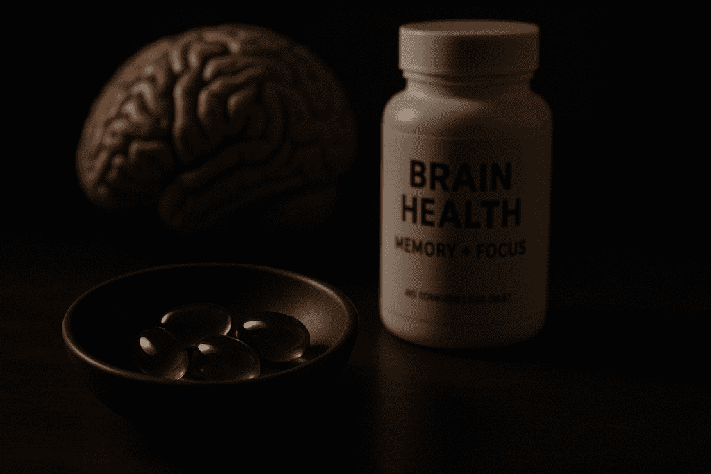 Four glossy amber softgel capsules rest in a matte black bowl on a dark surface, with a supplement bottle labeled “Brain Health – Memory + Focus” and a brain model subtly visible in the background under dramatic, moody lighting. The shadowed setting emphasizes the supplements’ premium quality and evokes a serious, reflective tone related to long-term cognitive health and mental focus for adults.