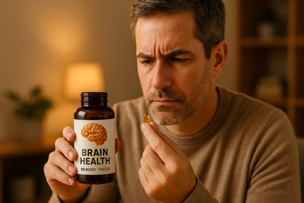 A man in his late 30s holds a golden softgel capsule while closely examining a labeled bottle of “Brain Health – Memory + Focus” in a warmly lit modern living room. The ambient lighting and wooden interior elements evoke a cozy, thoughtful mood, aligning with the theme of choosing high-quality brain supplements to support adult memory and cognitive performance.