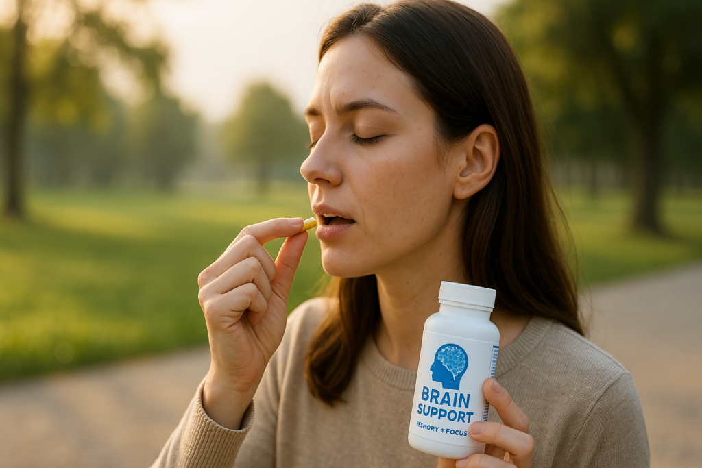 A young woman with long brown hair is seen outdoors in soft natural morning light, gently taking a yellow brain supplement capsule while holding a white bottle labeled “Brain Support – Memory + Focus.” The serene park setting, with blurred trees and a sunlit pathway, evokes a peaceful and mindful atmosphere, visually reinforcing the theme of trusted brain supplements for adults supporting focus, memory, and cognitive health.