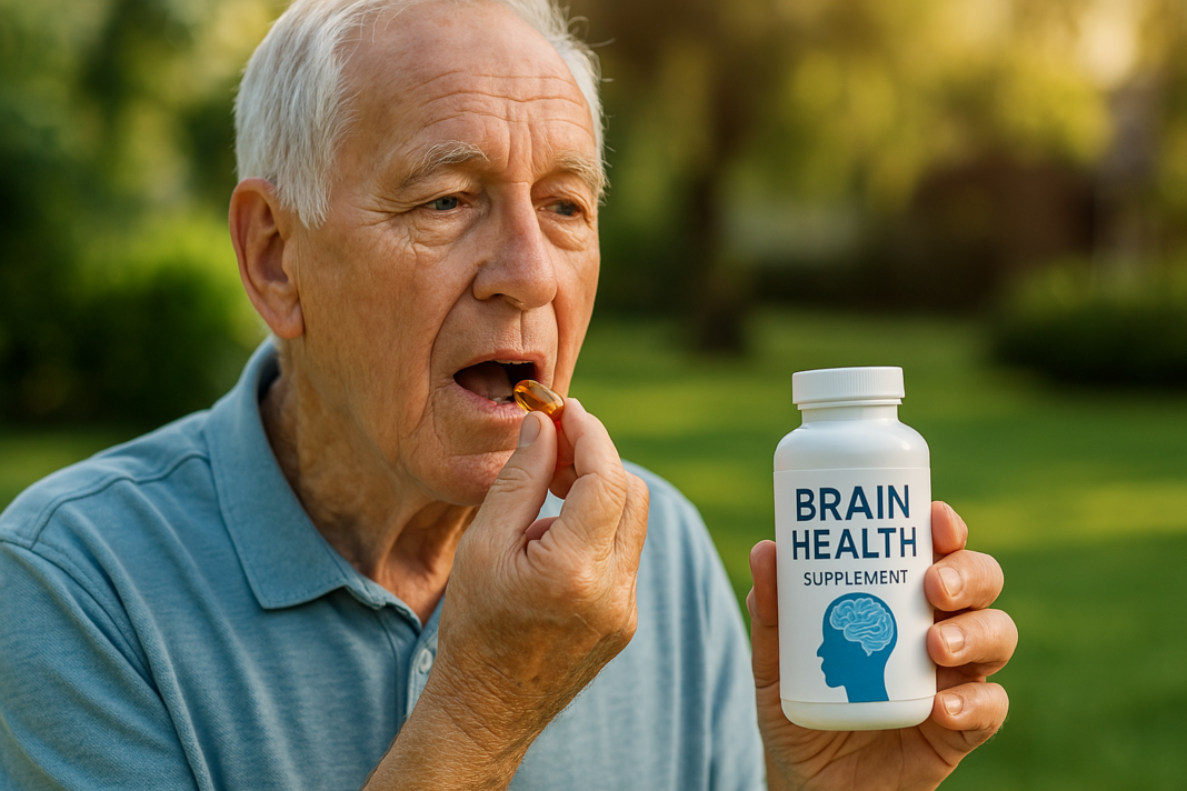 A photograph captures an elderly Caucasian man taking a brain health supplement outdoors in soft morning light, with serene greenery in the background. The image emphasizes natural ways to support memory and cognitive function in seniors, aligning with the theme of best multivitamins for brain health.
