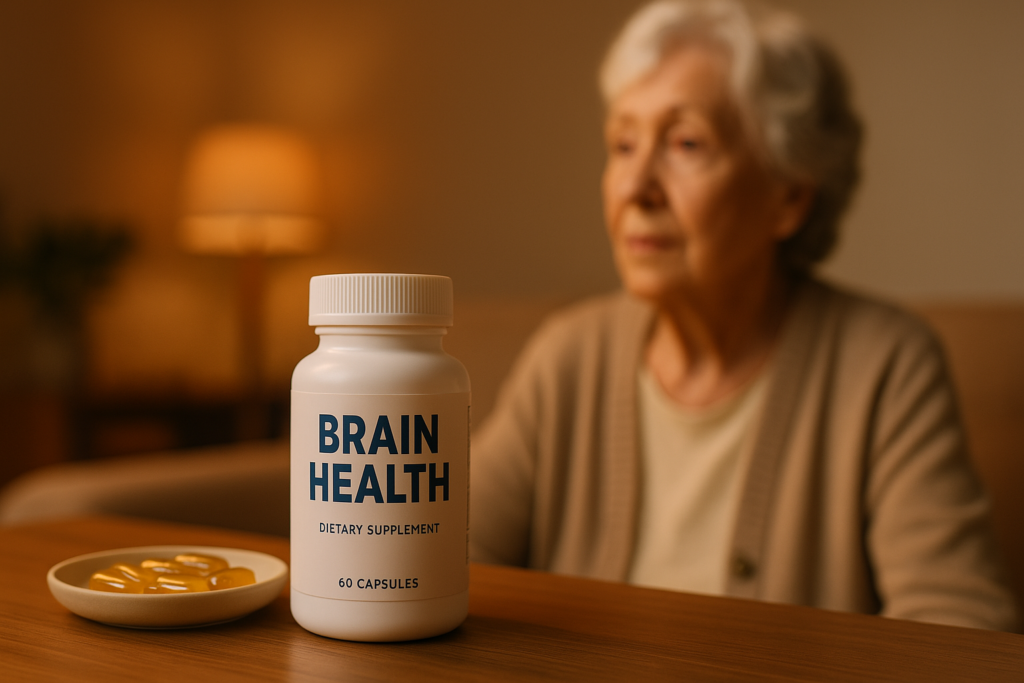 A photograph captures brain health dietary supplements on a wooden table under warm indoor lighting, with an elderly woman resting in the softly lit background. The image emphasizes the calming atmosphere and natural memory support options associated with the best multivitamins for cognitive health in older adults.