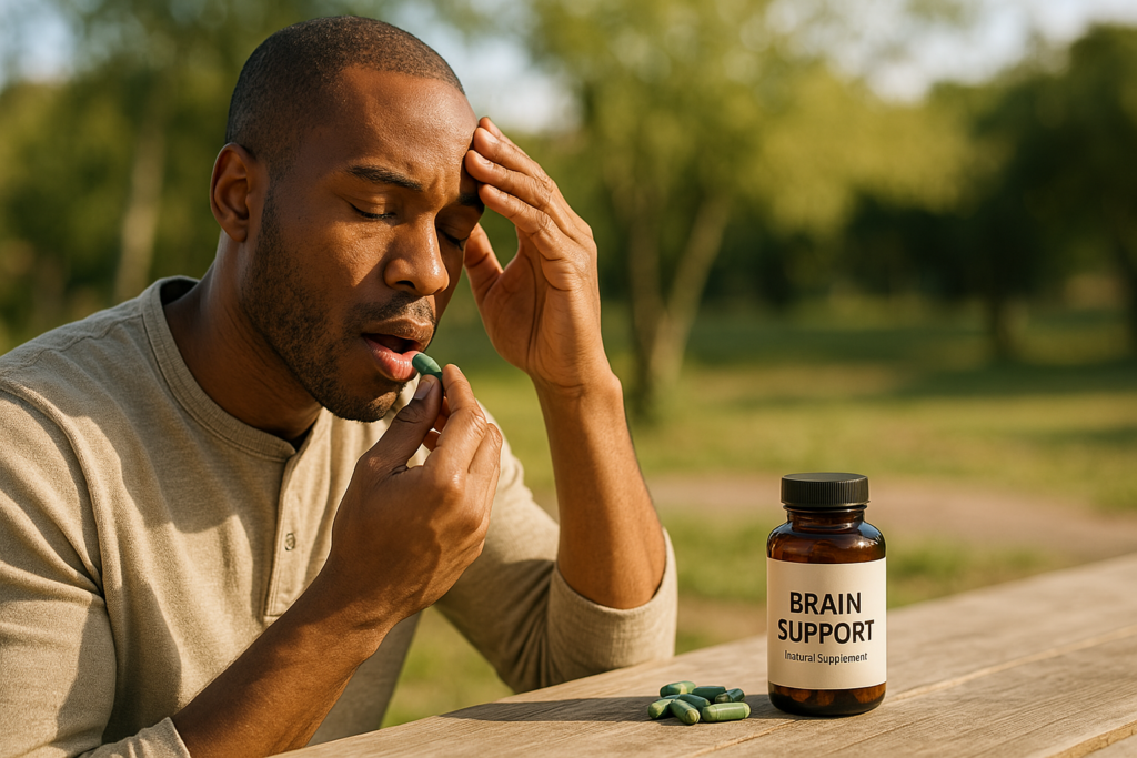 A young African-American man sits outdoors in soft natural morning light, holding a green capsule to his mouth while gently pressing his temple. The background of blurred trees enhances the tranquil mood, emphasizing the natural setting and focus-enhancing benefits of brain support supplements.