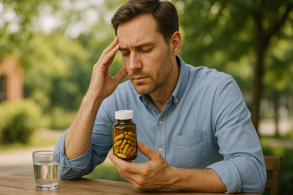 In a sun-dappled park, a light-skinned man with short brown hair sits alone at a wooden table, eyes closed in concentration as he holds a bottle of golden herbal capsules. The scene uses warm ambient lighting and a peaceful environment to highlight natural supplements for mental clarity and cognitive support.