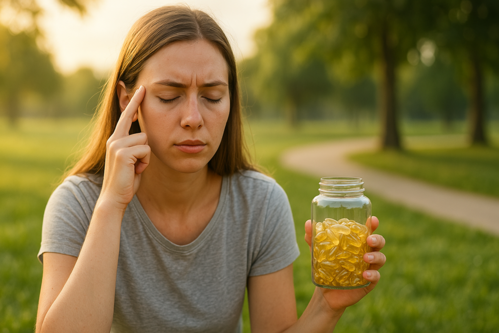 A young Caucasian woman with long light brown hair is seated in a green park at sunset, gently touching her temple with one hand and holding a jar of yellow softgel capsules in the other. The warm lighting and simple setting evoke focus, inner balance, and the benefits of natural supplements for concentration.