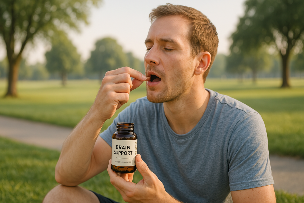 A light-skinned man in his early thirties takes a natural supplement capsule while seated in a peaceful, green park during a bright morning. With soft golden lighting and a visible “Brain Support” bottle in hand, the scene communicates focus, energy, and natural ways to boost brain health.