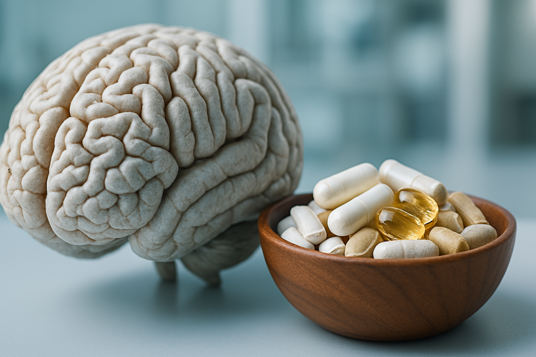 A realistic digital photo displays a human brain model beside a wooden bowl filled with natural nootropic capsules, illuminated by cool clinical lighting. The clean, minimalistic background underscores the scientific focus on enhancing cognitive function through evidence-based supplements.