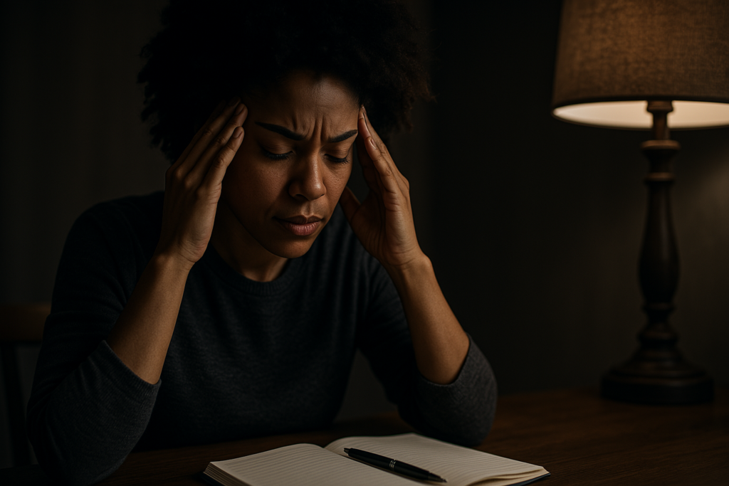 A moody, photorealistic image shows a young Black woman seated at a wooden table in a shadowy room, massaging her temples in deep concentration. The dramatic lighting and intimate setting convey the mental intensity often associated with natural methods for enhancing focus and cognitive performance.