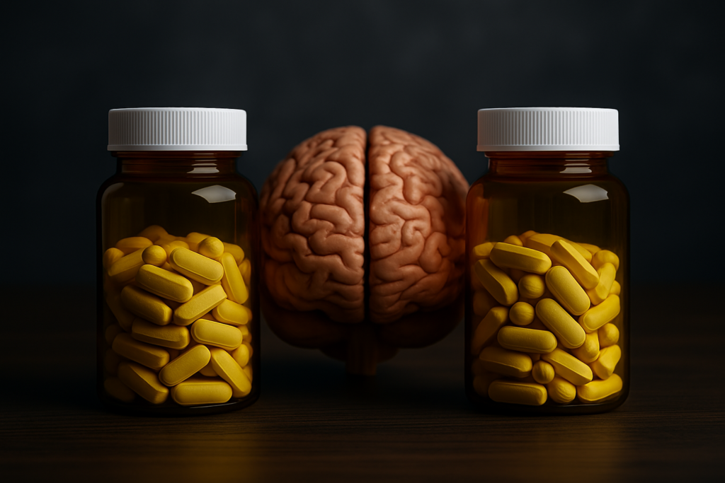 Amber prescription bottles filled with yellow tablets beside a detailed brain model, representing the concept of performance-enhancing drugs for emotional and cognitive benefits.