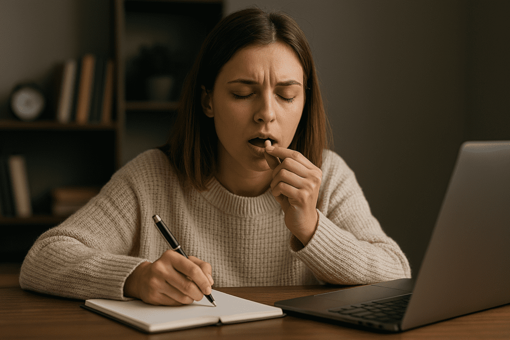 A young woman preparing to take a pill at her desk, highlighting the real-world use of cognitive enhancers to support mental clarity and productivity.