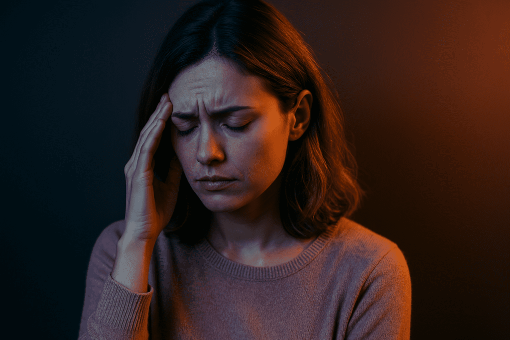 A contemplative woman bathed in dual-tone lighting, visually representing the emotional complexity and psychological effects of drug enhancement for mental wellness.