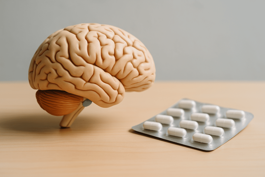 A realistic brain model positioned next to a blister pack of capsules on a wooden surface, symbolizing the connection between pharmaceutical intervention and cognitive performance.