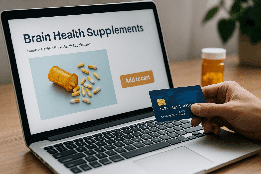 A hand holding a blue credit card prepares to purchase brain health supplements through a laptop, illustrating the convenience and caution involved in buying nootropics online.