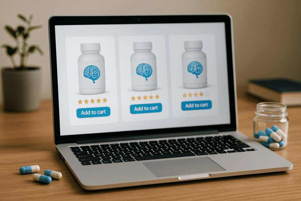 A laptop on a wooden desk displays several brain supplement bottles and product reviews, surrounded by capsules, a book, and a plant, capturing a safe and informed approach to online nootropic shopping.