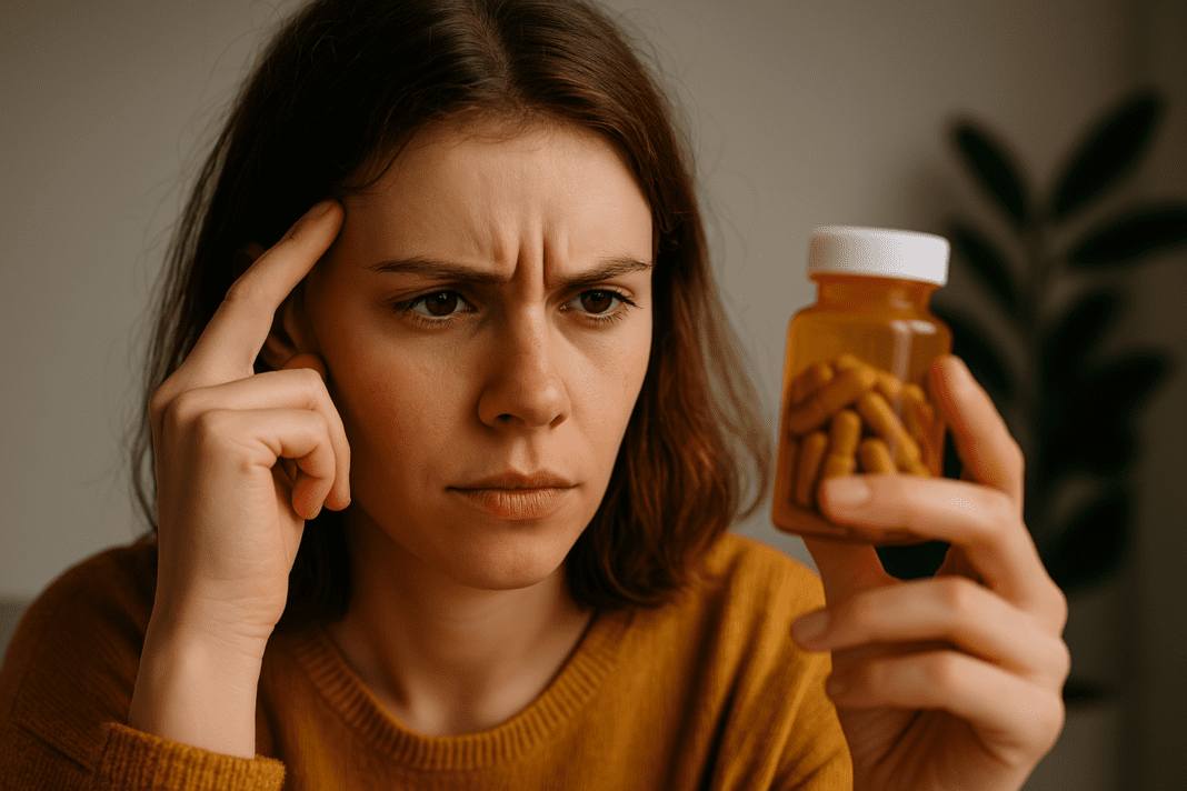 A woman wearing a mustard sweater carefully examines an amber pill bottle in her hand, representing thoughtful consideration of non stimulant ADHD treatment options.