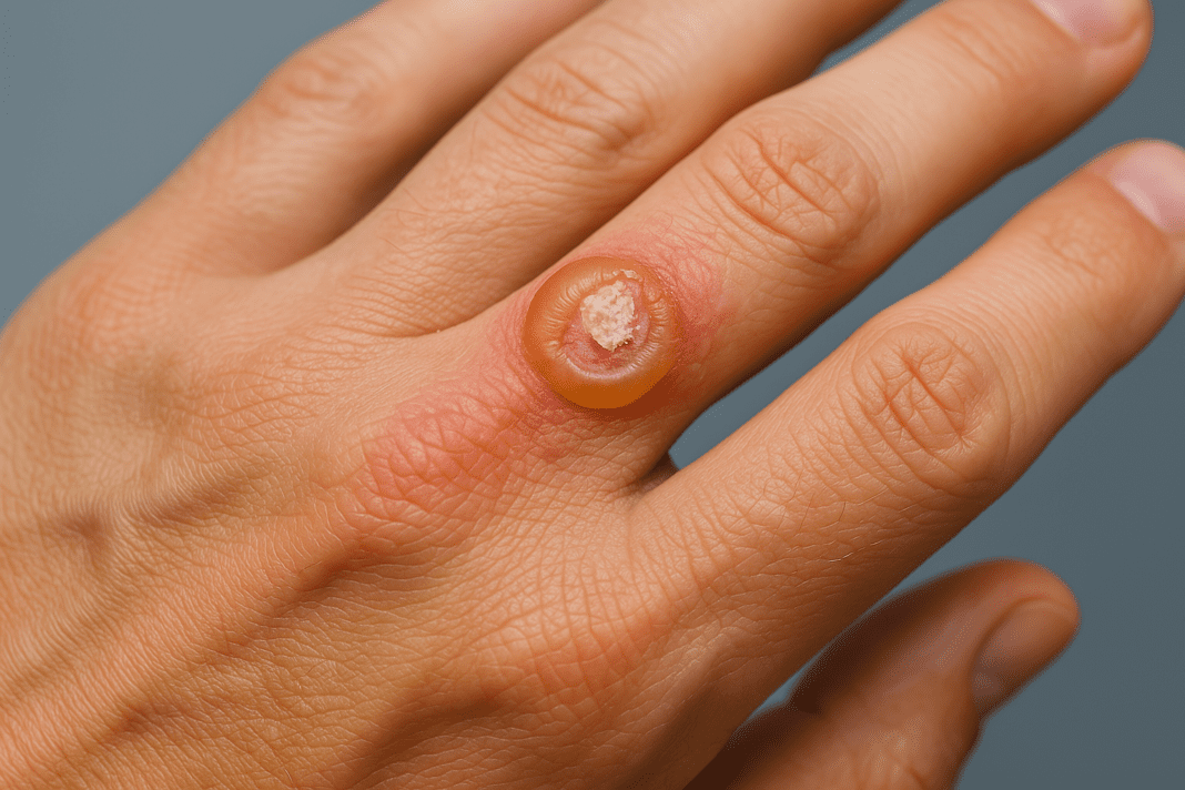 Healing blister on finger after cryotherapy wart treatment, showing fluid-filled skin reaction with surrounding redness
