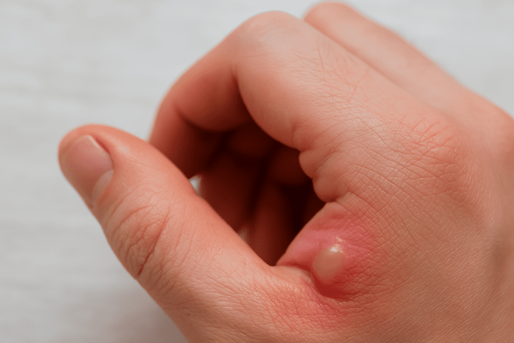 Close-up of healing skin blister on thumb after wart cryotherapy treatment with inflamed surrounding area