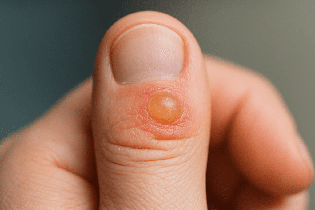 Macro image of a healing cryotherapy blister on the thumb with inflamed skin surrounding the fluid-filled area