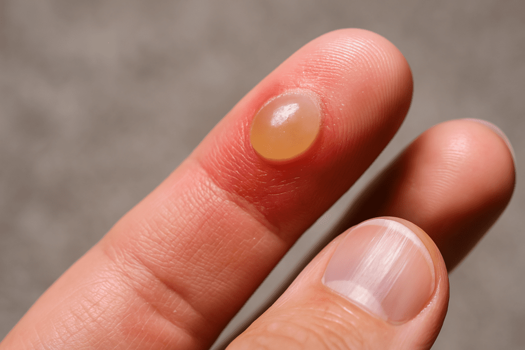 Detailed image of a healing blister on the index finger after cryotherapy, with surrounding redness and fluid accumulation