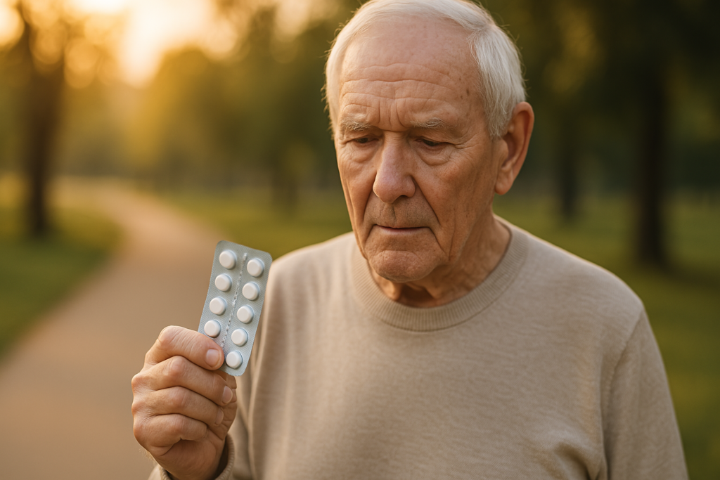 An elderly man stands in a peaceful park during golden hour, thoughtfully examining a blister pack of donepezil tablets in his hand. The soft natural morning light highlights the emotional tone of early dementia treatment and cognitive medication management.