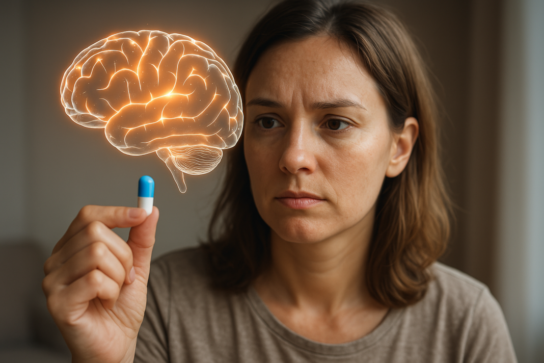 A woman intently studies a blue-and-white capsule while a glowing brain illustration hovers beside her in a softly lit room. This indoor scene explores the concept of cognitive enhancement through a pill that makes you use 100 percent of your brain.