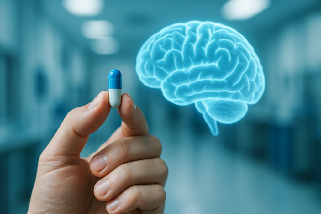 A close-up of a hand holding a blue and white capsule pill in a brightly lit laboratory, with a glowing neon brain illustration in the background. This clinical setting emphasizes the futuristic allure of drugs that unlock 100 of your brain in cognitive enhancement narratives.