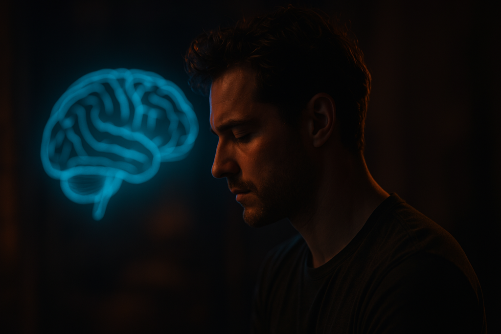 A young man is framed in moody lighting with his face turned inward in contemplation, while a glowing neon brain hovers in the darkened background. The dramatic shadows and color tones visually evoke the mystery behind drugs that unlock 100 of your brain