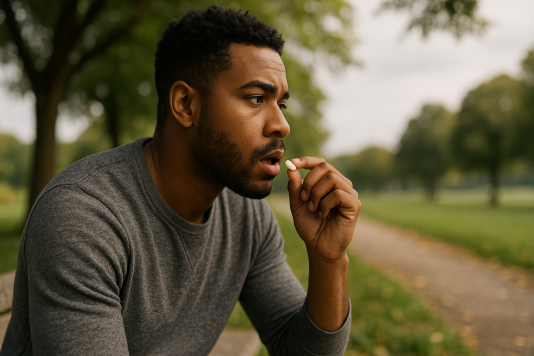 A young African-American man sits pensively on a park bench in soft natural morning light, holding a white capsule close to his lips. The outdoor environment features a blurred background of green trees and a winding dirt path, symbolizing the thoughtful use of central nervous stimulants and their role in mental health.