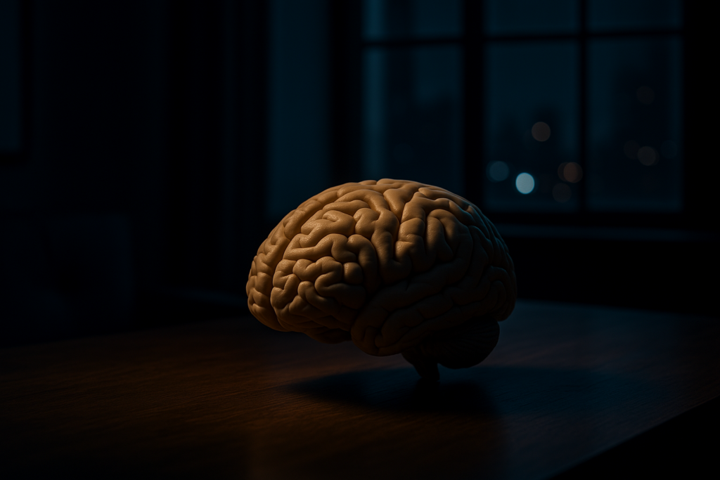 A detailed anatomical brain model sits on a wooden table, illuminated by moody side lighting that casts dramatic shadows, highlighting its structure. The background features a softly blurred nighttime cityscape, symbolizing the neurological focus of central nervous system stimulants and their cognitive effects.