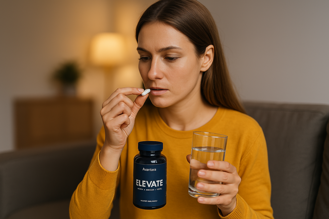 A young woman prepares to take an Elevate supplement capsule while holding a glass of water, seated in a warmly lit living room. The calm ambiance and focused expression highlight the real-world use of Avantera Elevate to support focus and mental clarity.
