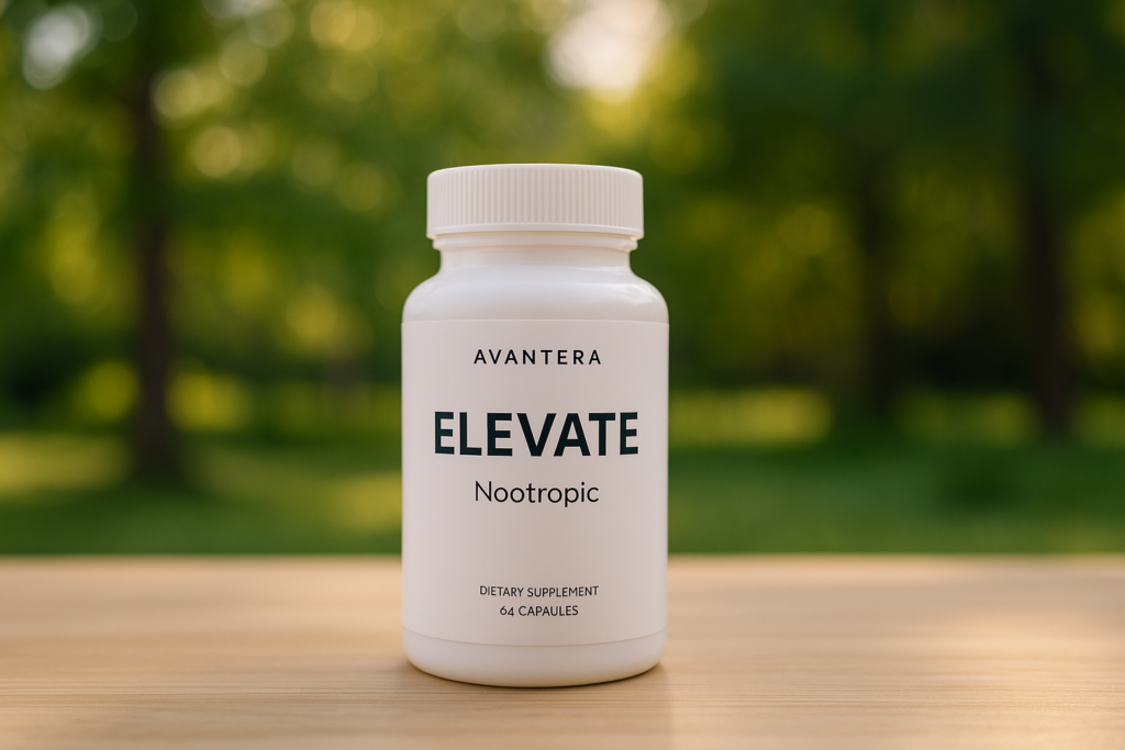 A white bottle of Avantera Elevate nootropic supplement sits on a light wooden surface outdoors, captured in soft natural light with a serene green forest backdrop. The clean design and minimal setting emphasize the supplement’s connection to focus, mood balance, and natural brain health support.
