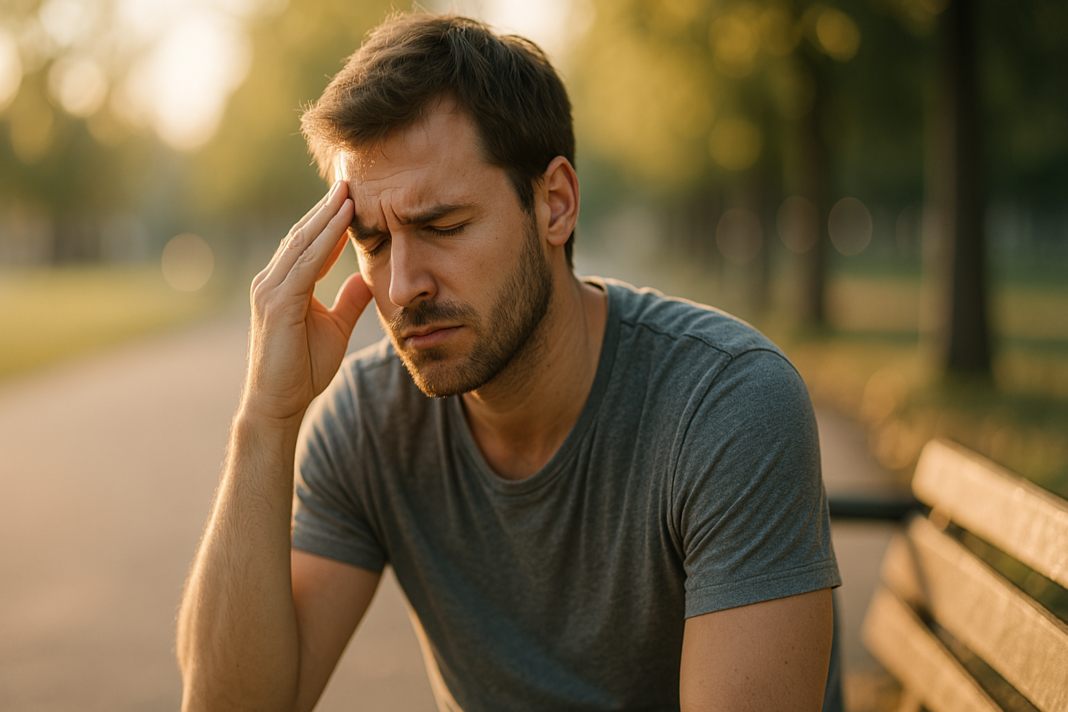 A young man with ADHD sits on a park bench in soft natural morning light, holding his head with a pained expression. The golden glow highlights the emotional toll of ADHD dopamine deficiency and its impact on focus and mood.